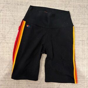 Aviator Nation Black Bike Shorts with Red and Yellow Stripes